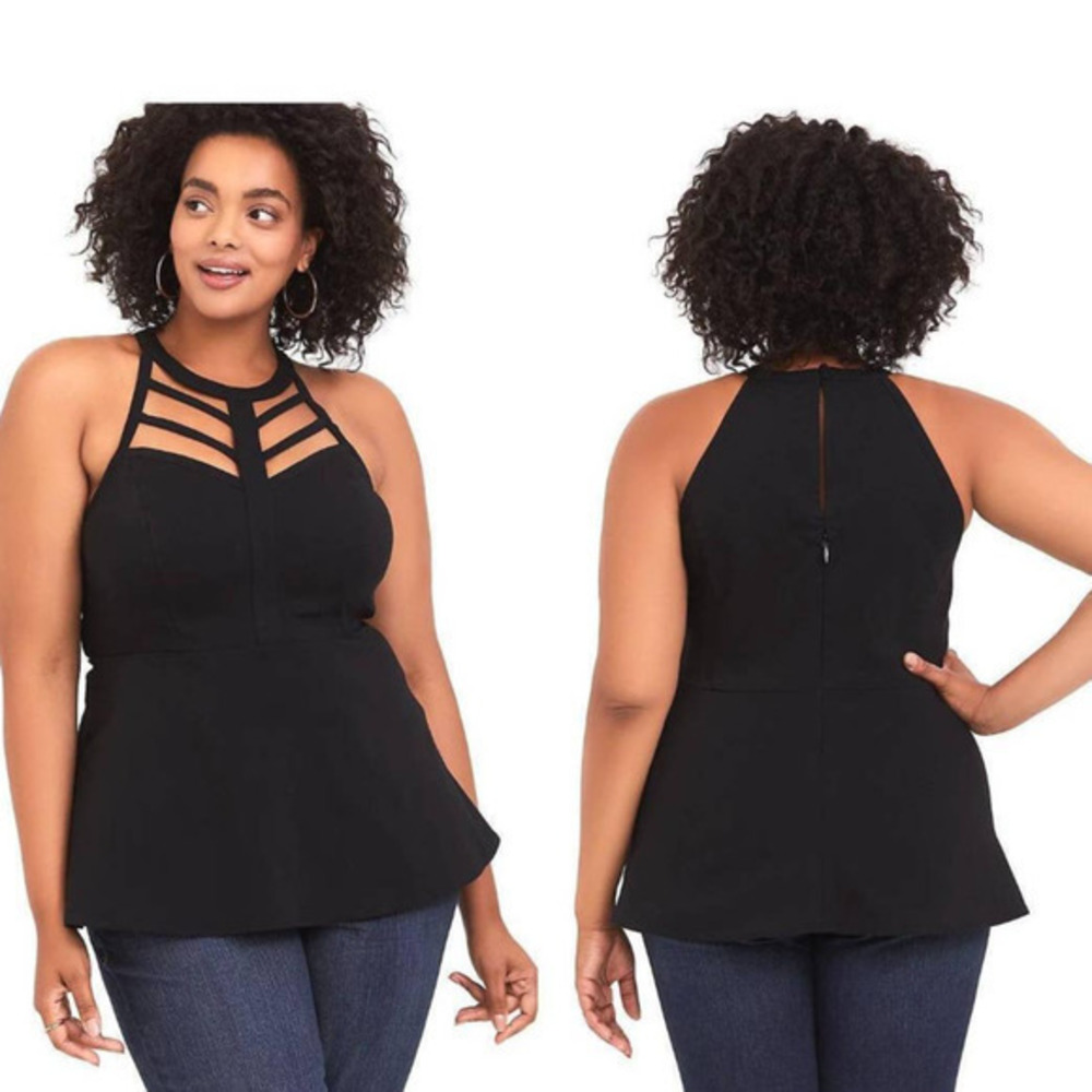 New Torrid 5 (5X 28) Sexy New Black High Neck Strappy Caged Peplum Hem Tank Top - Picture 1 of 1
